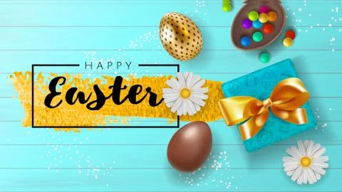 Happy Easter beautiful composition top view with chocolate and gold eggs with Stock Illustration
