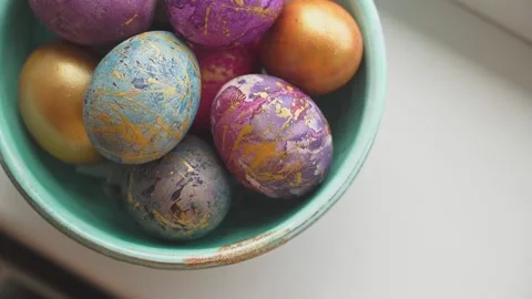 Happy Easter. Beautiful painted Easter eggs on the festive table. Spring Family Stock Footage 237536272