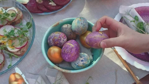Happy Easter. Beautiful painted Easter eggs on the festive table. Spring Family Stock Footage 237536472