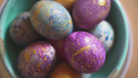 Happy Easter. Beautiful painted Easter eggs on the festive table. Spring Family Stock Footage 237536581