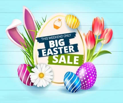 Happy Easter Big Easter Sale card with white egg frame, spring flowers, tulip Stock Illustration