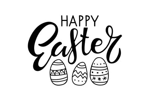 Happy Easter. Black and white lettering with easter eggs. Hand drawn lettering Stock Illustration
