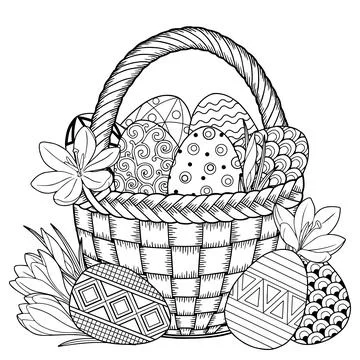Happy Easter. Black and White Doodle Easter Eggs in the basket. Coloring book Stock Illustration