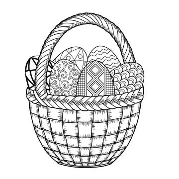 Happy Easter. Black and White Doodle Easter Eggs in the basket. Coloring book Stock Illustration