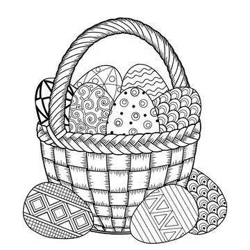 Happy Easter. Black and White Doodle Easter Eggs in the basket. Coloring book Stock Illustration