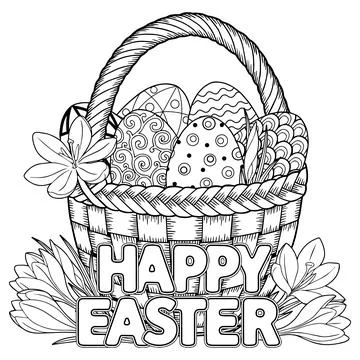 Happy Easter. Black and White Doodle Easter Eggs in the basket. Coloring book Stock Illustration