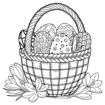 Happy Easter. Black and White Doodle Easter Eggs in the basket. Coloring book Stock Illustration