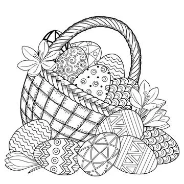 Happy Easter. Black and White Doodle Easter Eggs in the basket. Coloring book Stock Illustration