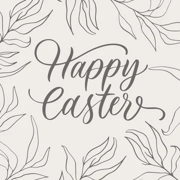 Happy Easter black linear lettering with swooshes and leaves.Design for holid Stock Illustration
