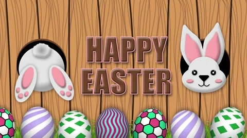 Happy easter blessings animation with white rabbit, eggs, grass and wooden .. Stock Footage 304269700
