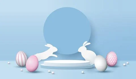 Happy Easter blue background and paper art podium display for product prese.. Stock Illustration