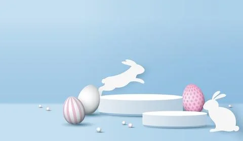 Happy Easter blue background and paper art podium display for product prese.. Stock Illustration