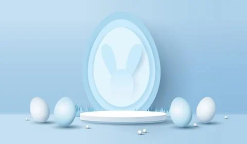 Happy Easter blue background and paper art podium display for product prese.. Illustrazione stock