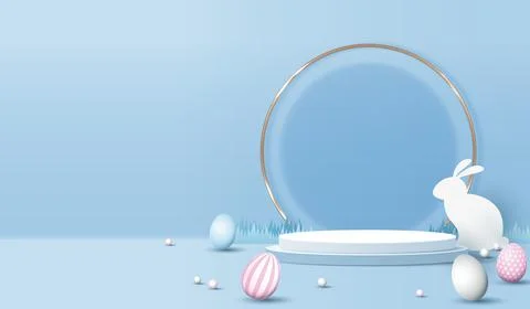 Happy Easter blue background and paper art podium display for product prese.. Stock Illustration
