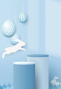 Happy Easter blue background and paper art podium display for product prese.. Illustrazione stock