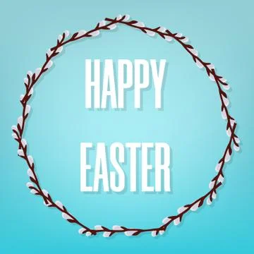 Happy Easter on Blue Background. Beautiful Floral Frame. Vector illustration. Stock Illustration