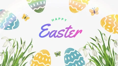 Happy Easter Botanical Animation with Snowdrops and Textured Eggs Stock Footage 331339792