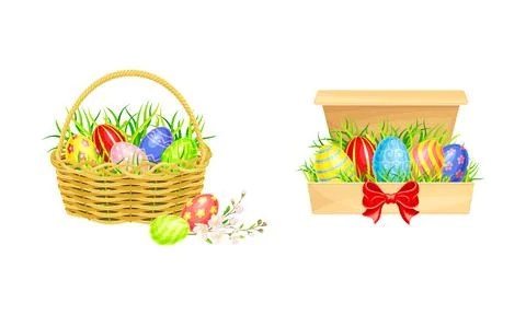 Happy Easter. Box and wicker nest full of decorated Easter eggs cartoon vector 스톡 일러스트