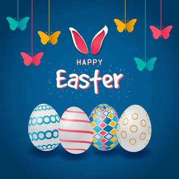 Happy Easter Bright Colorful Greeting Card Design. Hanging Butterflies design Stock Illustration