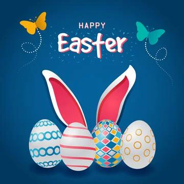 Happy Easter Bright Colorful Greeting Card Design. Butterflies, bunny ears, a Stock Illustration