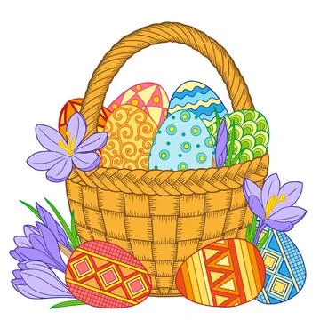 Happy Easter. Bright easter eggs and flowers in basket on white background Stock Illustration