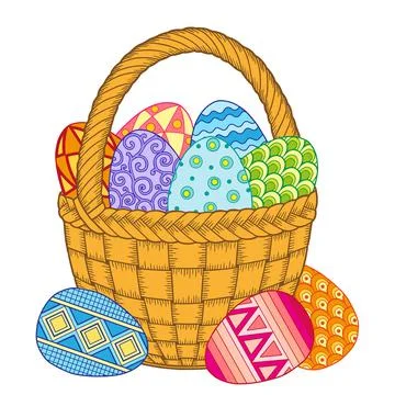 Happy Easter. Bright easter eggs and flowers in basket on white background Stock Illustration