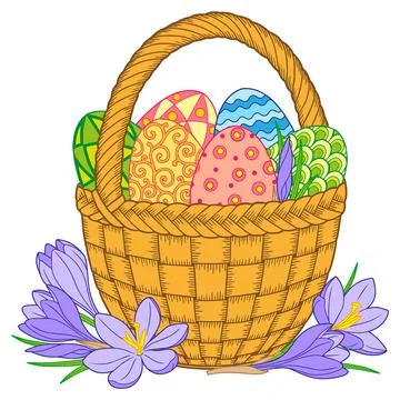 Happy Easter. Bright easter eggs and flowers in basket on white background Stock Illustration