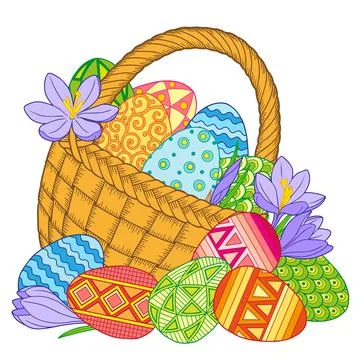 Happy Easter. Bright easter eggs and flowers in basket on white background Stock Illustration