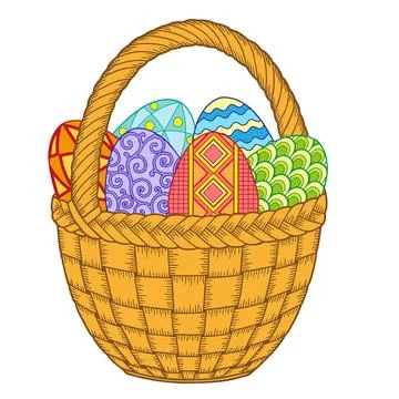 Happy Easter. Bright easter eggs and flowers in basket on white background Stock Illustration