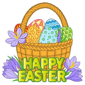 Happy Easter. Bright easter eggs and flowers in basket on white background Stock Illustration