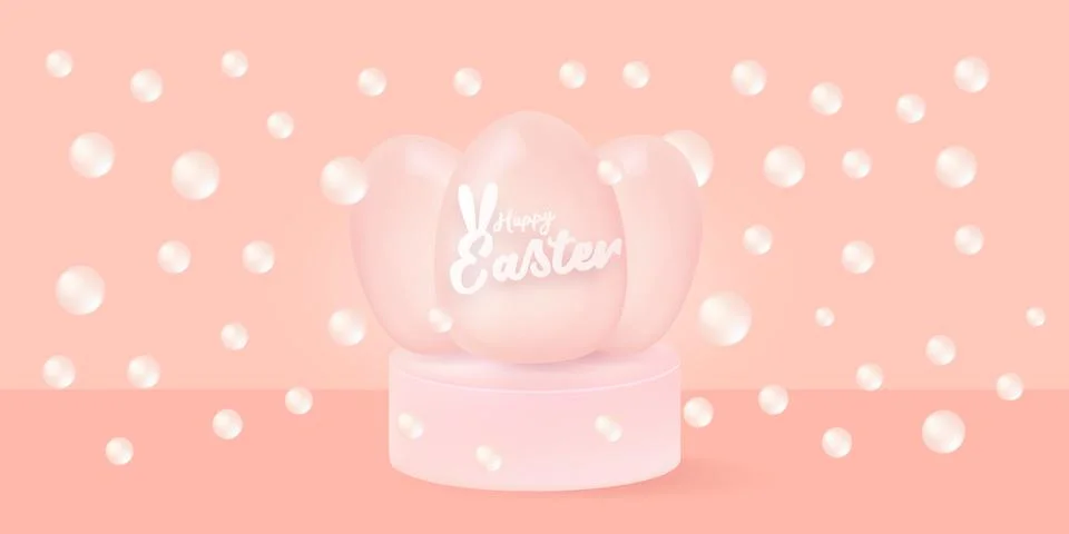 Happy Easter bright pink horizontal banner with soft 3d realistic egg on pastel Stock Illustration