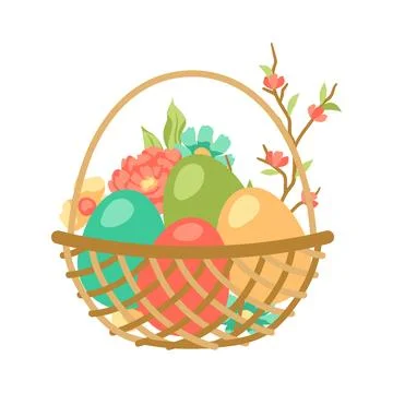 Happy Easter bucket with eggs. Cute greeting card for traditional celebration Illustration