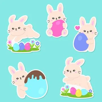 Happy Easter Bunnies Playing with Eggs and Flowers on a Bright Teal Backgroun Illustrazione stock