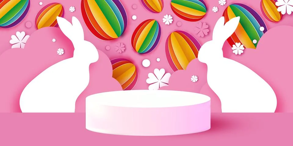Happy Easter Bunny. 3D Podium scene or pedestal on pink bg with paper cut rabbit Stock Illustration
