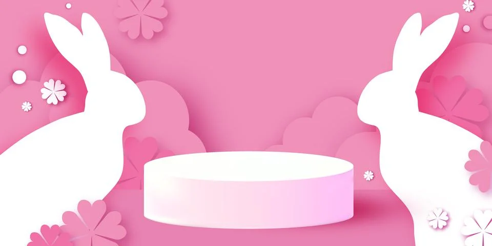 Happy Easter Bunny. 3D Podium scene or pedestal on pink bg with paper cut rabbit Stock Illustration