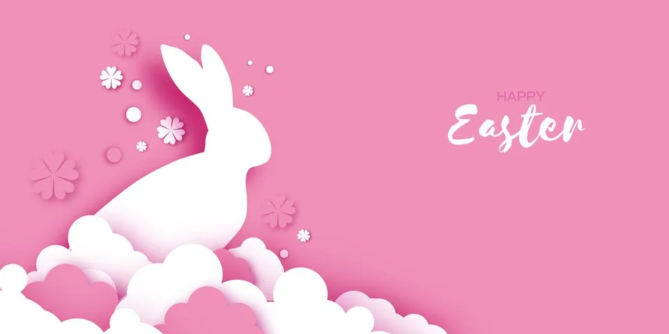 Happy Easter Bunny. 3D Podium scene or pedestal on pink bg with paper cut rabbit Stock Illustration