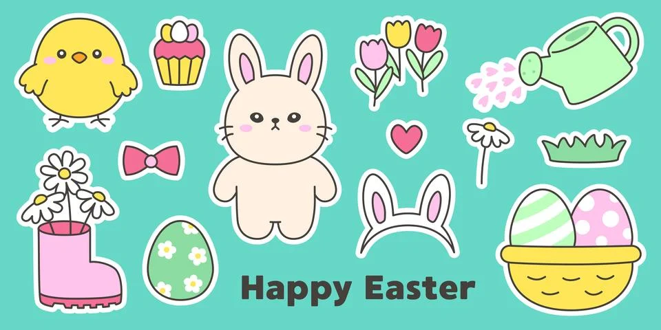 Happy Easter Bunny and Chick with Decorative Eggs, Spring Flowers, and Holi.. Stock Illustration