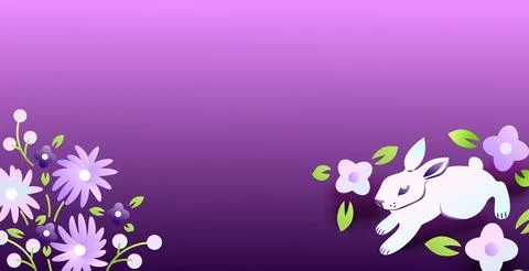 Happy Easter Bunny banner. Trendy Easter design with copy space, spring purpl Stock Illustration