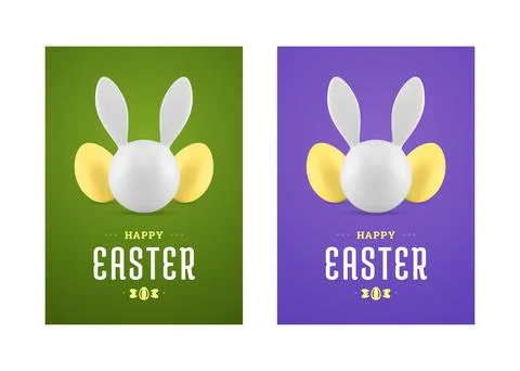 Happy Easter bunny bauble chicken eggs 3d greeting card set design template r Stock Illustration