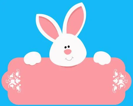 Happy easter bunny blue background holiday blank plaque illustration Illustrazione stock