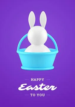 Happy Easter bunny blue basket 3d greeting card design template realistic v.. Stock Illustration