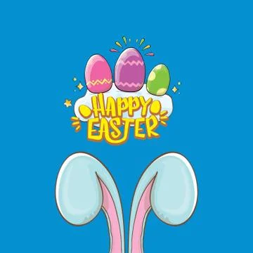 Happy easter bunny with calligraphic text, clouds , rainbow and color easter Stockillustratie