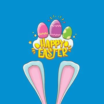 Happy easter bunny with calligraphic text, clouds , rainbow and color easter Stockillustratie