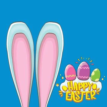 Happy easter bunny with calligraphic text, clouds , rainbow and color easter Stockillustratie