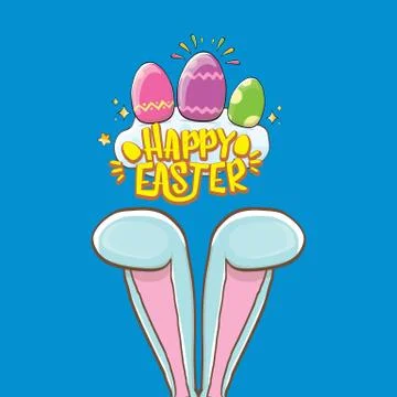 Happy easter bunny with calligraphic text, clouds , rainbow and color easter Stockillustratie