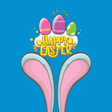 Happy easter bunny with calligraphic text, clouds , rainbow and color easter Stockillustratie