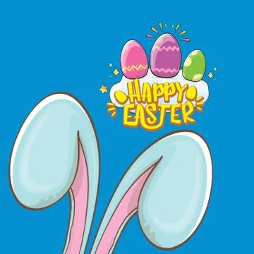 Happy easter bunny with calligraphic text, clouds , rainbow and color easter Stockillustratie