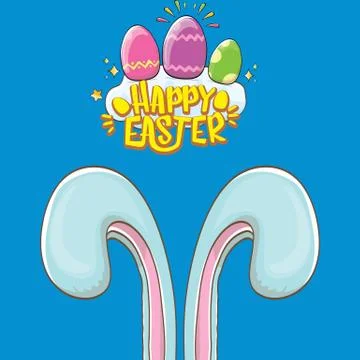 Happy easter bunny with calligraphic text, clouds , rainbow and color easter Stockillustratie