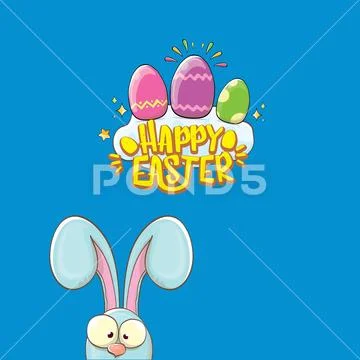 Happy easter bunny with calligraphic text, clouds , rainbow and color easter Stock Illustration