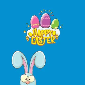 Happy easter bunny with calligraphic text, clouds , rainbow and color easter Stockillustratie